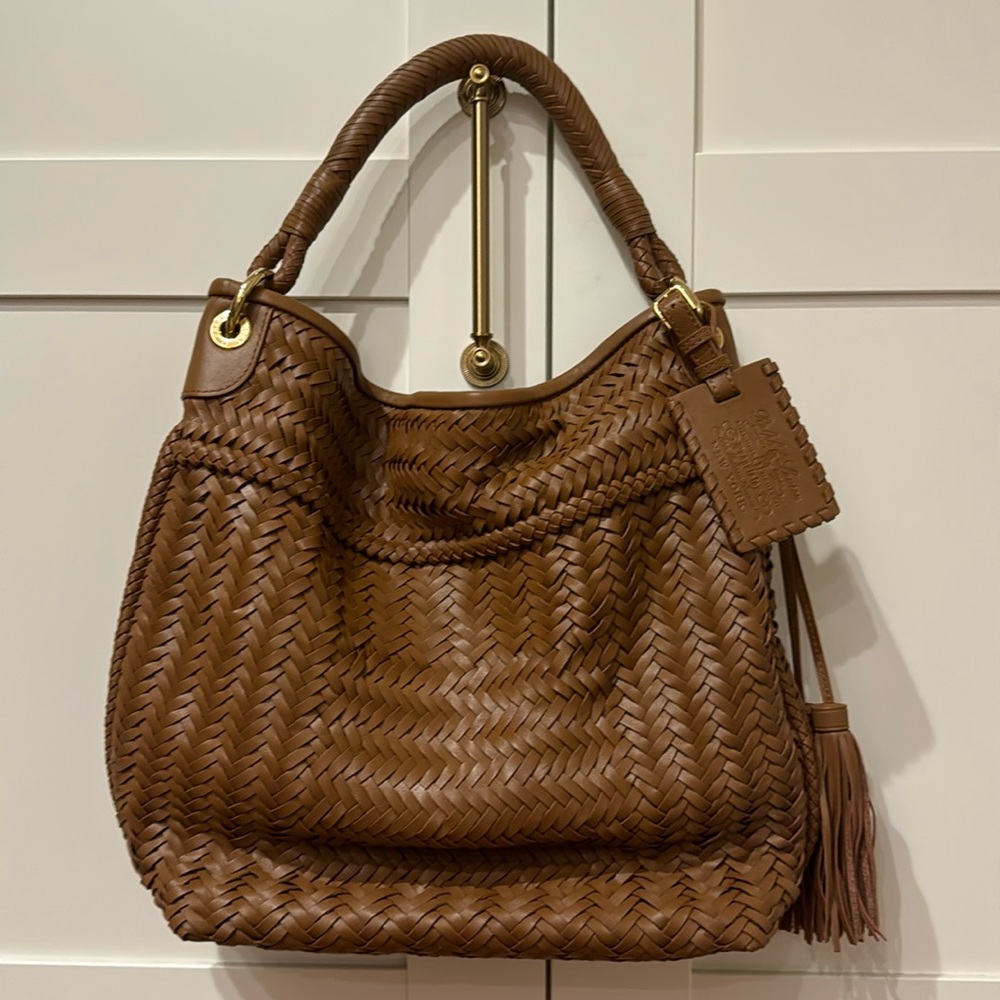 Ralph Lauren Tan Woven Leather bag with Tassels